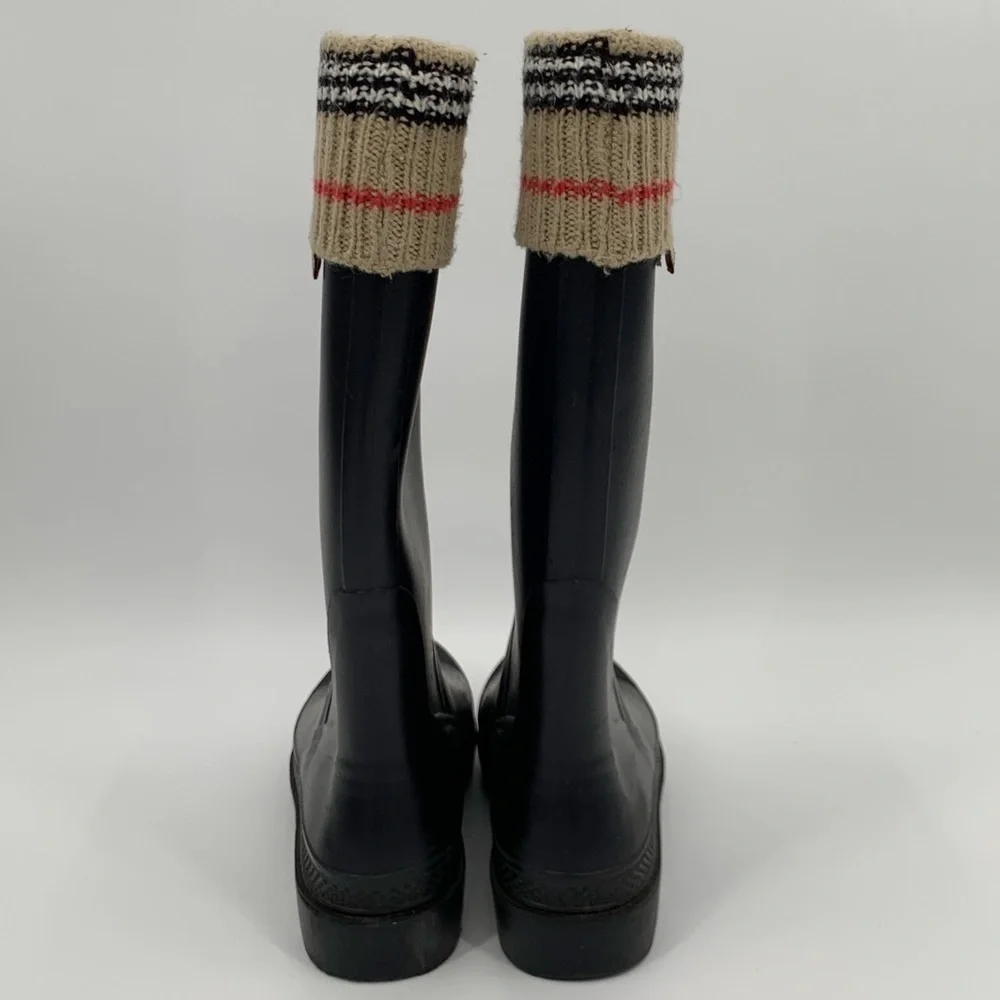 BURBERRY LONDON CLASSIC CHECK PLAID LOGO BLACK RUBBER TALL KNIT RAIN BOOTS